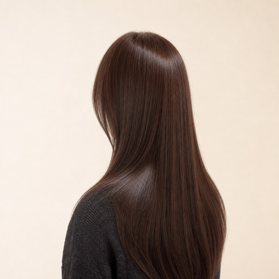 Referencia del look: alisado efecto espejo sobre pelo largo castaño